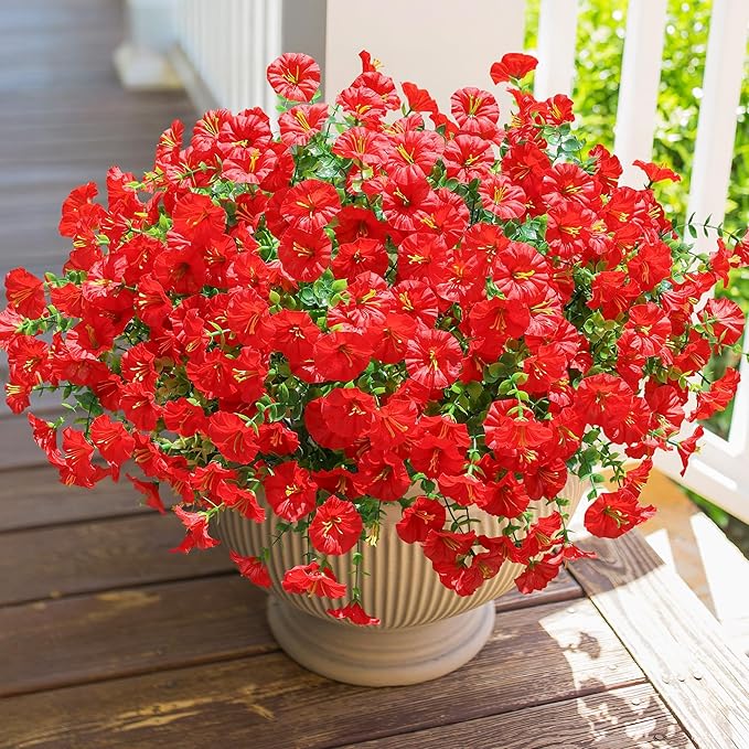 Artificial Flowers for Outdoors Fake Plants Outside Decoration, 12 Bundles Silk Red Morning Glory UV Resistant Look Real Faux Flowers for Planter Front Door Porch Patio Yard Gardens Balcony