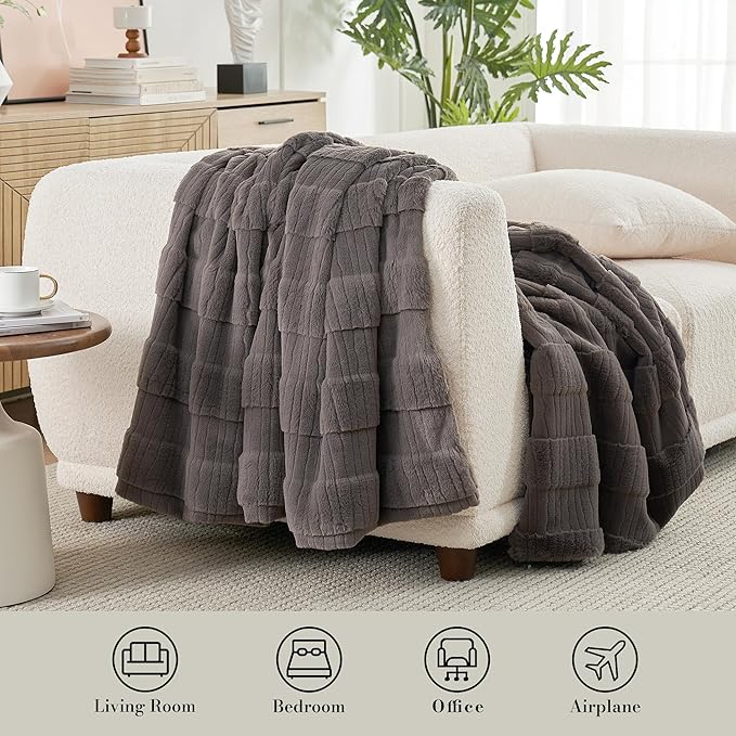 Amélie Home Luxury Striped Faux Fur Throw Blanket for Couch, Embossed Split Fur Cozy Fuzzy Fluffy Luxurious Soft Plush Sofa Chair Bed Gift Blankets for Women Men Wife Friend, 60"x80", Charcoal Gray