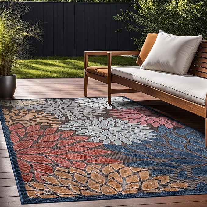 Beverly Rug Outdoor Rug 8x10 Modern Floral Tropical Area Rugs for Indoor and Outdoor Patio Easy to Clean Non Shedding Living Room Porch Garden Washable Outside Carpet (8 x 10 Brown)