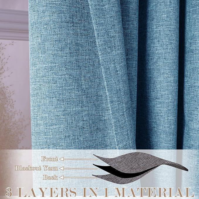 70" W x 108" L Faux Linen Room Divider Curtains, Full Blackout Pinch Pleated Drapes for Traverse Rod, Bedroom Divider Privacy Drapery with Hooks for Ceiling Track, 1 Panel, Blue