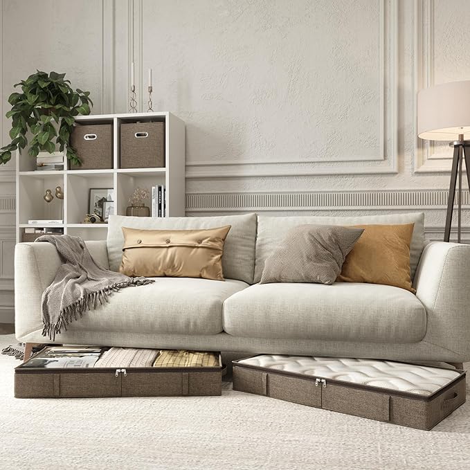 Brown Low Profile Under Bed Storage Containers 5 inches high, 33.8"x 17.7"x 5.1", Sturdy Underbed Shoe Storage Organizer, Foldable Fabric Under the Bed Storage Bins - Pack of 2