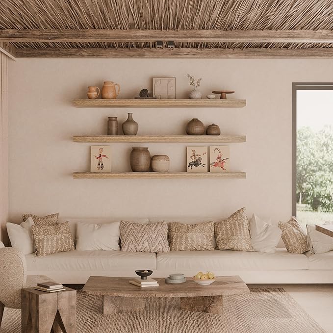 48 Inch Floating Shelves, 8 Inch Deep Floating Shelves for Wall, Hanging Shelf with Invisible Brackets, Wall Mounted Display Shelves for Bathroom, Bedroom, Living Room,3 Tier