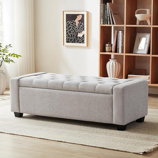 48" Ottoman with Storage, Storage Ottoman Bench with Safety Hinge, Upholstered Entryway Bench with Seating for Bedroom, Living Room, Holds up to 330 lb(Light Gray)