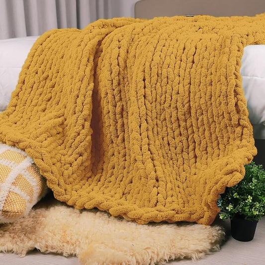 Carriediosa Chunky Knit Throw Blanket 50" X 60", 100% Hand Made Large Chenille Loop Yarn Soft Fluffy Throws for Couch Sofa Bed, Big Crochet Cozy Heavy Thick Cable Woven Blanket, Yellow