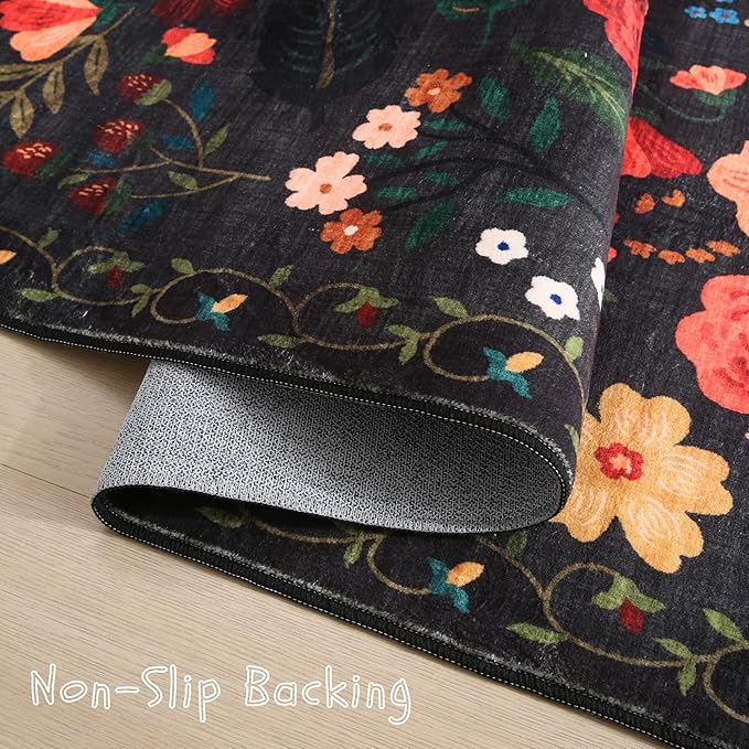 Area Rugs 8x10 Rug for Living Room Clearance Washable Boho Area Rug Non Slip Floral Vintage Low Pile Large Rug for Living Room, Bedroom, Farmhouse, Dining Room, Kids Playroom(Black)