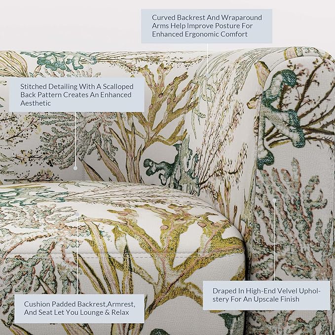 BELLEZE Living Room Chairs Set of 2, Linen Round Accent Barrel Chairs, Club Tub Sofa Chairs for Bedroom, Corner Chairs with Flared Legs and Cozy Soft Padding - Highland (Green Coral)