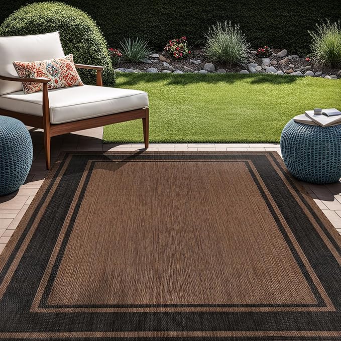 Beverly Rug Large Outdoor Rug 10x14 Modern Bordered Area Rugs for Indoor and Outdoor Patio Deck Porch Garden Waterproof Weather Sun Resistant Washable Outside Carpet (10 x 14 Gold)
