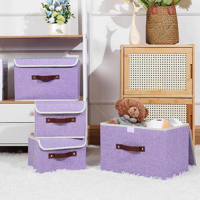 ANMINY 4PCS Storage Bins with Lid PU Leather Handles Storage Boxes PP Plastic Board Decorative Foldable Lidded Cotton Linen Fabric Home Cubes Baskets Closet Organizer Containers - Purple, Large Size