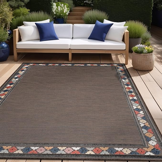Beverly Rug Outdoor Rug 5x7 Modern Bordered Area Rugs for Indoor and Outdoor Patio Easy to Clean Non Shedding Living Room Porch Garden Washable Outside Carpet (5 x 7 Brown)