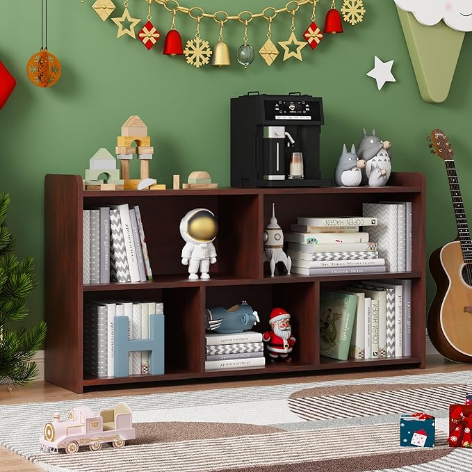 Book Shelf, 5 Cubes Storage Organizer, Open Shelf Wooden Bookcase, Freestanding Cherry Bookshelf Cube Shelf for Bedroom, Living Room, Home Office