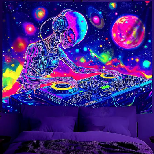 BVBOX Blacklight Space Alien Tapestry 79"x59", UV Reactive Glow in Dark DJ Alien Universe Galaxy Planet Music Tapestries, Black Light Neon Upright Poster Wall Hanging Backdrop Decor for Bedroom Living Room