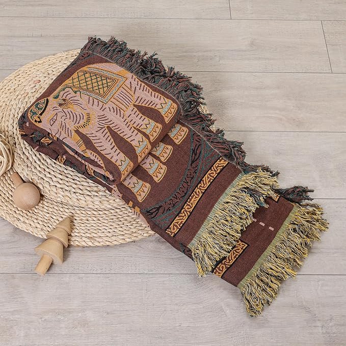 Boho Throw Blanket for Bed with Tassels,100% Cotton Ultra Soft and Cozy Large Blanket Elephant Printed Farmhouse Decor Bed Blankets,60"×80" All Season Rustic Throw for Sofa Couch Chair-Brown