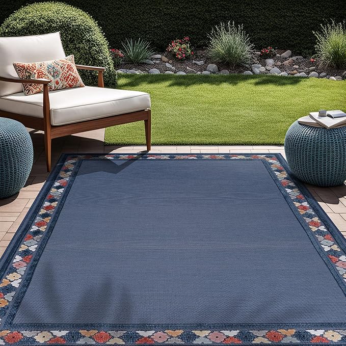 Beverly Rug Outdoor Rug 8x10 Modern Bordered Area Rugs for Indoor and Outdoor Patio Easy to Clean Non Shedding Living Room Porch Garden Washable Outside Carpet (8 x 10 Blue)