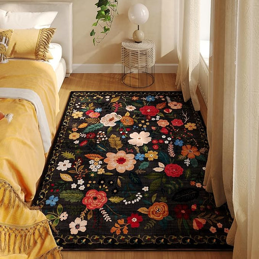 Bedroom Rug 3x5 Rug Washable Area Rug Non Slip Low Pile Boho Floral Small Carpet for Bedroom, Bedside, Kitchen, Entryway, Kids Room, Office, College Dorm Essentials for Girls(Black)