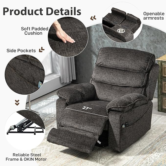 27in Extra Wide Power Lift Recliner Chair for Big Tall with Extended Footrest Heat Massage, Oversized Electric Lift Recliner Chairs for Adults Elderly Seniors, Arm Storage & Cup Holders