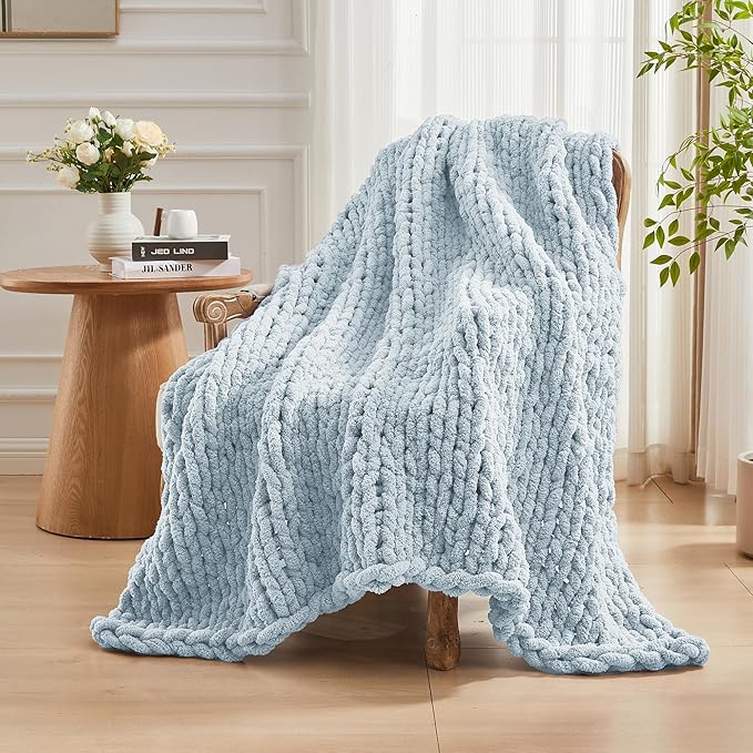 Carriediosa Chunky Knit Throw Blanket 50" X 60", 100% Hand Made Large Chenille Loop Yarn Soft Fluffy Throws for Couch Sofa Bed, Big Crochet Cozy Heavy Thick Cable Woven Blanket, Light Blue