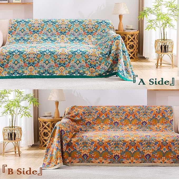 Boho Blanket Throw Quilt, 100% Cotton Soft Light Weight Throw Blankets for Summer, 60"x80" Farmhouse Flower Decorative Blankets, All Season Rustic Reversible Bohemian Throw Quilt