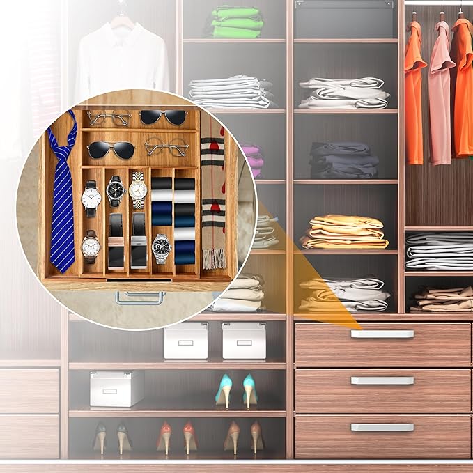 Bellsal Large Premium Acacia Wood Silverware Organizer - Expandable Utensil Drawer Organizer - 17"x19.6" Utensil Holder and Cutlery Tray with Grooved for Kitchen Flatware Utensils(7-9 Slot, Acacia)