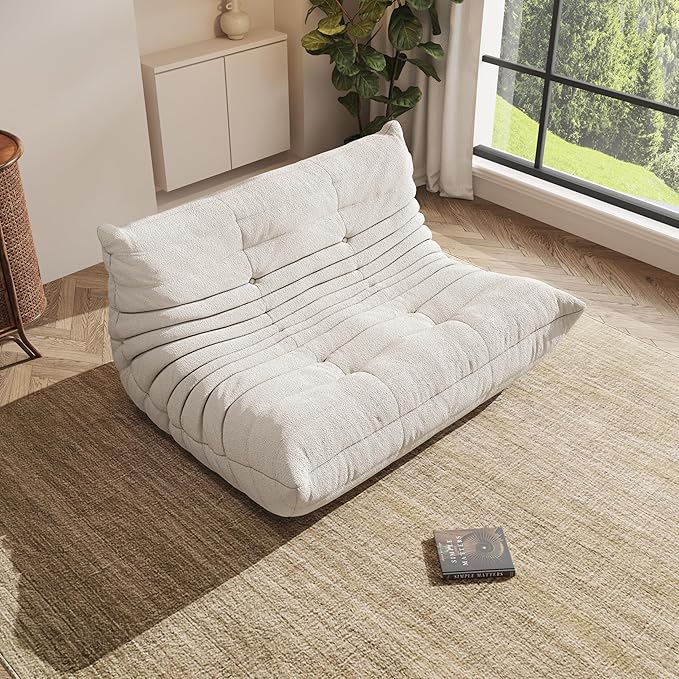 Bean Bag Chair, Oversized Loveseat Fireside Chair for Adults, 2 Seater with Memory Foam Filled, Lazy Sofa Lounge Floor Sofa for Living Room, Bedroom, Office, No Assembly Required. (Beige)