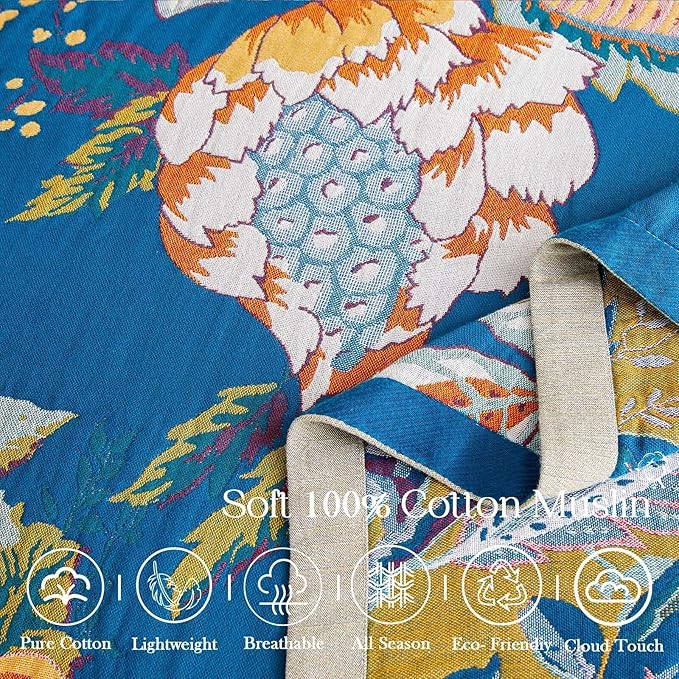 Boho Throw Blanket, Blue Lightweight Blankets for Summer, 100% Cotton Bohemian Decorative Throw Blanket, 90"x98" Reversible Muslin Breathable Woven Farmhouse Blankets Quilt,