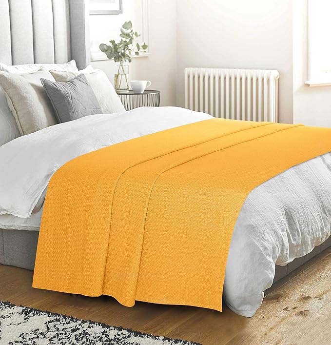 BELIZZI HOME 100% Cotton Bed Blanket, Breathable Bed Blanket Full Queen Size, Cotton Thermal Blankets Full Queen, Perfect for Layering Any Bed for All Season, Mustard Yellow