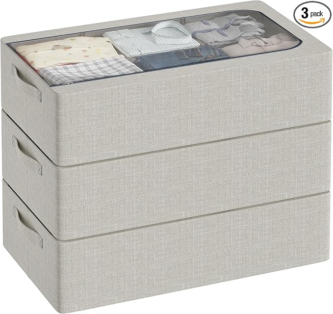 3PCS Under Bed Storage Bins with Metal Frame, Linen Fabric Frame Storage Box Clothes Organizer Bins, Underbed Container with Clear Window (Light Grey, 23.6 x 13 x 6IN)