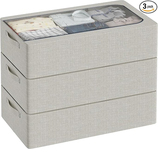 3PCS Under Bed Storage Bins with Metal Frame, Linen Fabric Frame Storage Box Clothes Organizer Bins, Underbed Container with Clear Window (Light Grey, 23.6 x 13 x 6IN)