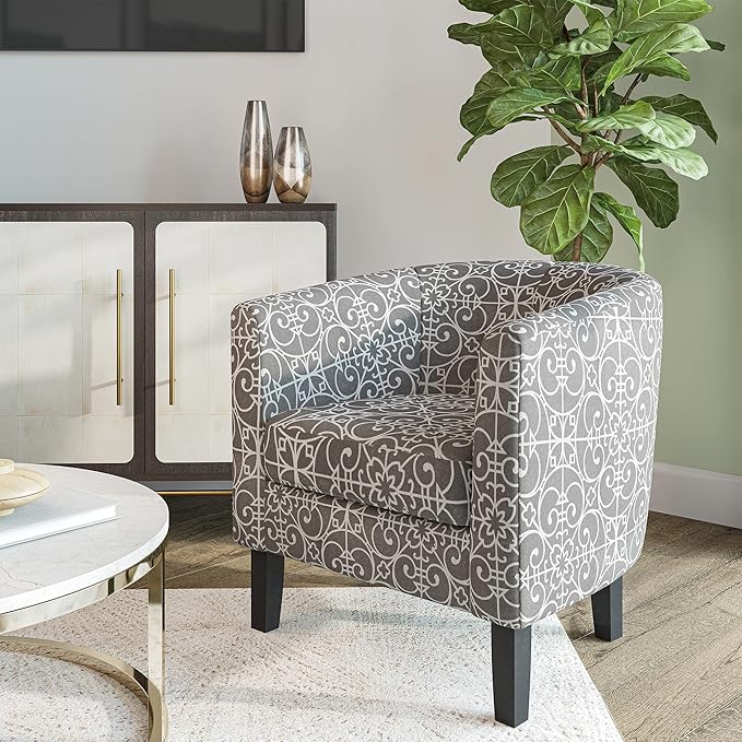 BELLEZE Accent Barrel Chair, Linen Round Chair Club Tub Sofa Corner Chair with Flared Legs and Cozy Soft Padding for Living Room Bedroom Waiting Room - White & Gray