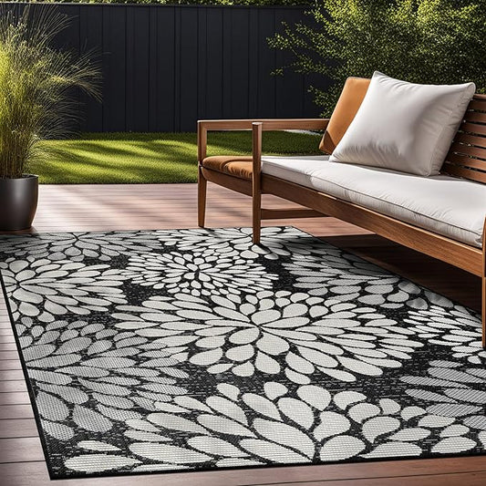 Beverly Rug Outdoor Rug 9x12 Modern Exotic Tropical Leaf Area Rugs for Indoor and Outdoor Patio Deck Porch Garden Water Resistant Washable Outside Carpet (9 x 12 Dark Gray)