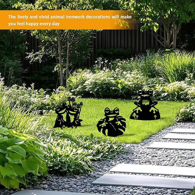 3 Pack Frog Metal Garden Decorative Stakes, Weather Proof Silhouette Statues for Yard, Patio,Outdoor Decor for Frog Lovers and Pet Owners