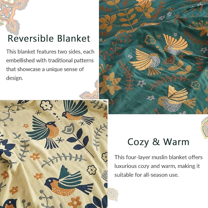 Boho Throw Blanket for Couch Sofa Bed, 100% Cotton Woven Quilt with Tassel 90”x98”, Super Soft Muslin Blanket with Bird Printed, Decorative Reversible Bed Blanket/Cover for All Seasons