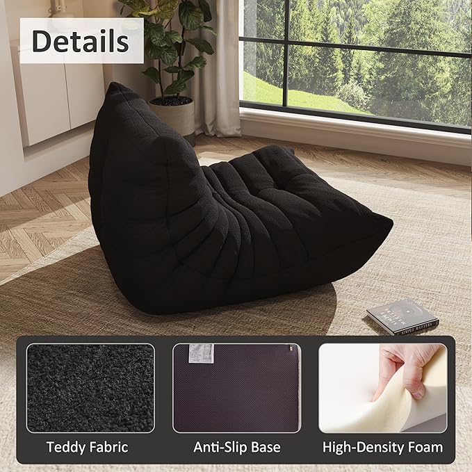 Bean Bag Chair, Oversized Bean Bag Chair for living Room, Fireside Chair for adults with Memory Foam Filled, Big Accent Sofa Lounge Floor Sofa for Gaming, Reading, Relax, No Assembly Required. (Black)