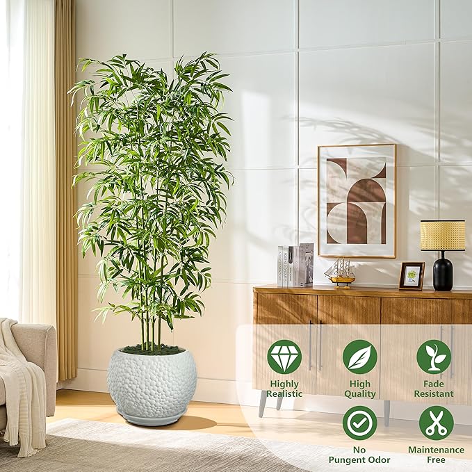 Artificial Tree Fake Plants, Artificial Bamboo Tree 7FT Tall in White Potted, Artificial Tree Indoor Decor Bamboo Silk Tree with Natural Wood Trunk, for Home Office Living Room Modern