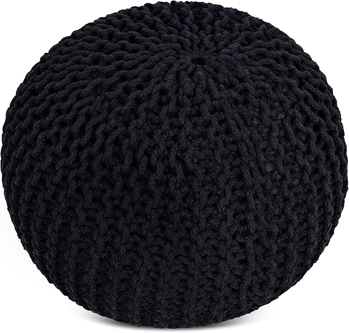 BIRDROCK HOME Round Pouf Ottoman | Cotton Braided Foot Stool with Bean Bag Filling | Boho Foot Rest for Living Room & Bedroom | Compact & Comfortable Seating, Lightweight & Soft | Black