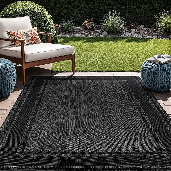 Beverly Rug Large Outdoor Rug 10x14 Modern Bordered Area Rugs for Indoor and Outdoor Patio Deck Porch Garden Waterproof Weather Sun Resistant Washable Outside Carpet (10 x 14 Black)