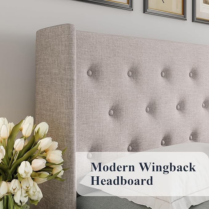 Allewie Full Size Lift Up Storage Bed, Button Tufted Headboard with Wingback, Hydraulic Support, No Box Spring Needed, Light Beige