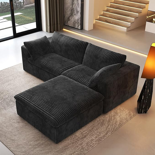 78.74" L Shaped Modern Sofa Modular Sectional Cloud Couch with Ottoman,Upholstered Couches with Plush Corduroy Fabric for Living Room Furniture,Bedroom and Apartment,No Assembly Required,Black