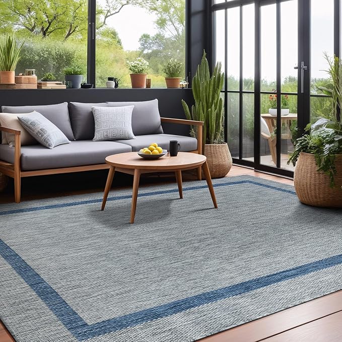 Bordered Outdoor Rug 9x12 Washable Outside Carpet for Indoor Patio Porch Waterproof Easy Cleaning Non Shedding Area Rugs Silver Gray - Blue 9 x 12