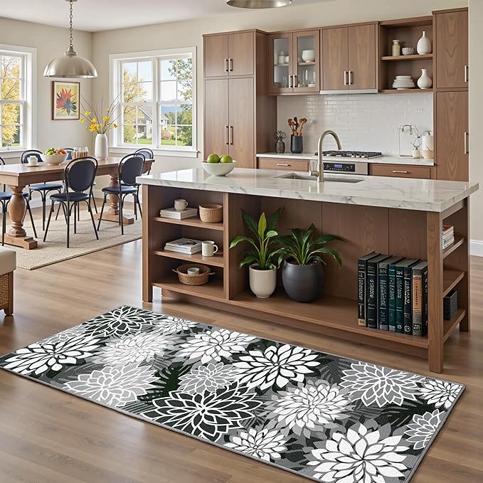 Area Rug 2x6 Black White Washable Entry Rug Multicolored Tropical Botanical Modern Floral Indoor Kitchen Door Mat Entrance Carpet Non Slip for Bedroom Living Room, Porch