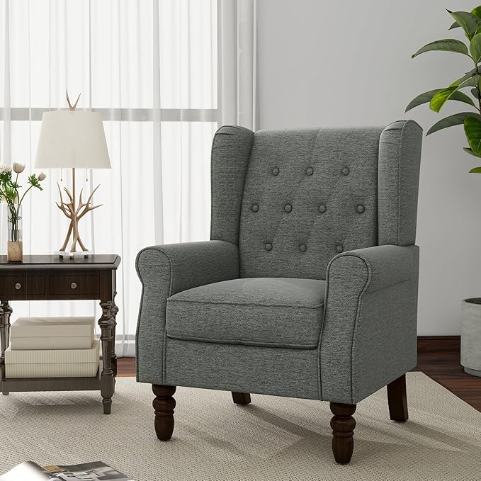 Accent Chair, Upholstered Armchair with Button Tufted High Back & Solid Wood Legs, Comfy Wingback Reading Single Sofa Chair for Small Spaces, Living Room, Bedroom (Grey, Set of 1)