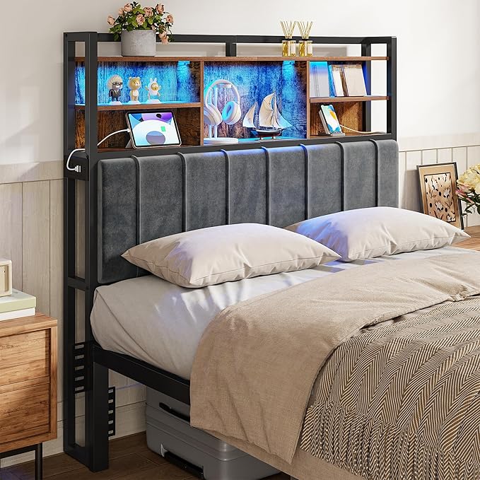 Headboard with 3-Tier Storage Shelves, Velvet Upholstered Head Board with 2 Outlets, USB Ports & LED Light, Soft Backrest for Full Size Bed, Rustic Brown and Black BH13801B