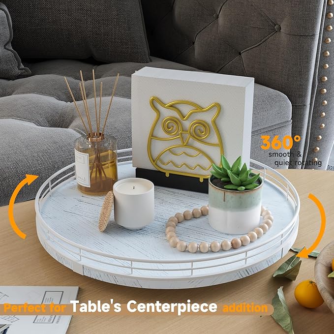 13" Oak Bathroom Vanity Tray Turntable for Perfume Candle, Round Wooden Decorative Tray for Kitchen Sink Countertop Organizer, Bathroom Counter Organizer for Skincare Makeup, Rustic White