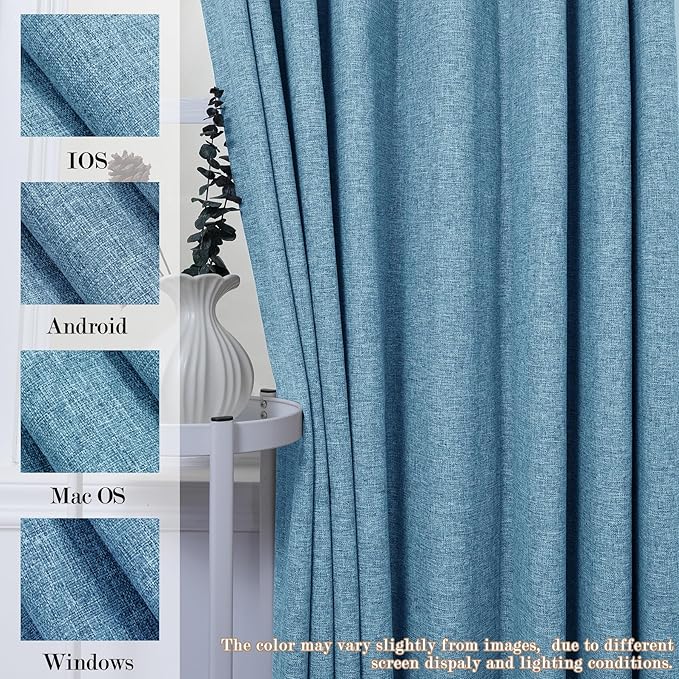 Blue Pinch Pleat 100% Blackout Drapes Linen Blend, Room Divider, Room Darkening, Energy Saving, Furniture Protecting, Light Blocking Extra Wide Privacy Curtains, 200Wx108L, 1 PC