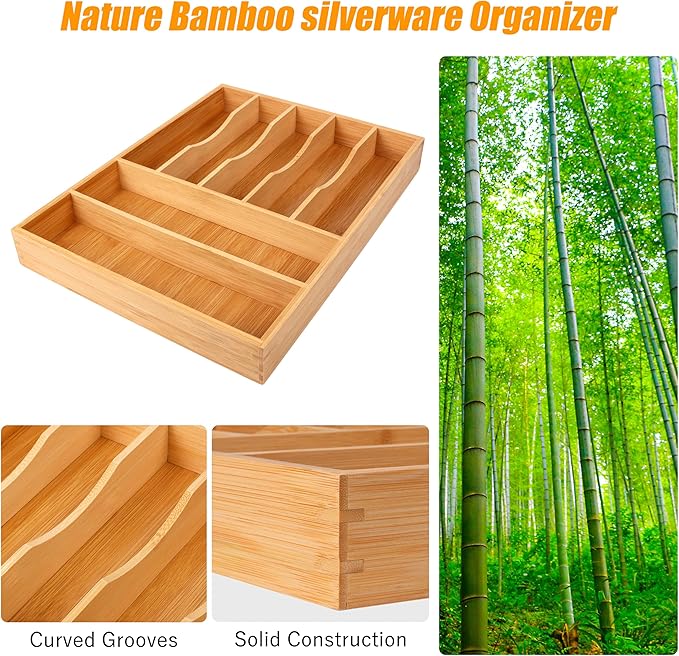 Bellsal Bamboo Silverware Drawer Organizer, Kitchen Utensil Drawer Organizers, 12"x15.7" Utensils Holder Cutlery Tray with Grooved Drawer Dividers for Kitchen Flatware Bedroom Office(7 Slot, Natural)