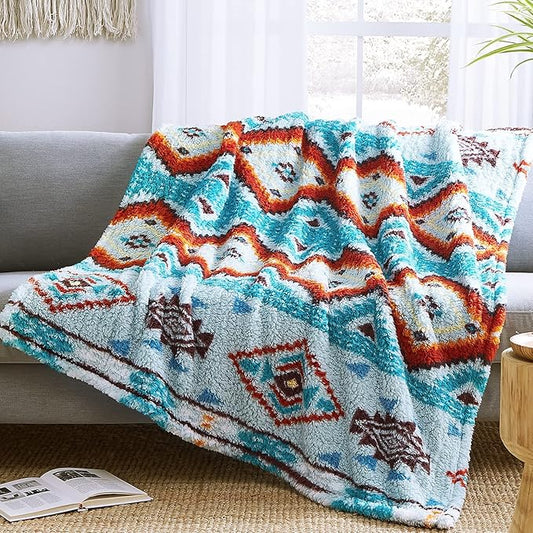CASAAGUSTO Boho Sherpa Blanket,Teal Aztec Twin Blanket, Ultra Soft, Warm, Cozy, Plush, Thick Fleece Western Blanket for Couch, Bed, Sofa (Aqua 60 * 80 Inch)