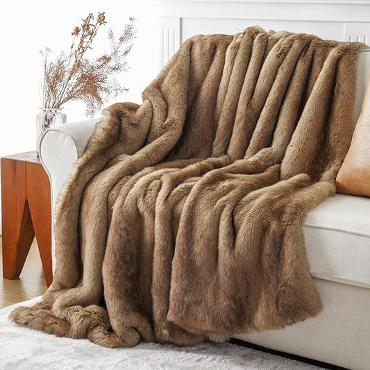 BATTILO HOME Luxury Camel Faux Fur Throw Blanket, Soft Cozy Warm Mink Fur Blanket for Bed, Home Decor, Large Striped Fur Blankets and Throws Faux, 60"x80"