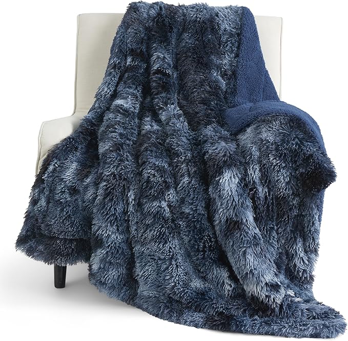Bedsure GentleSoft Fuzzy Sherpa Faux Fur Twin Blanket Tie Dye Navy Cozy Gifts for Women Men, Soft Fleece Plush Warm Minky Thick Blanket Twin Size for Bed, Blue Room Decor Dorm Essentials Gifts, 60x80