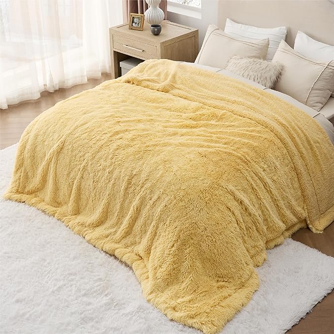 Bedsure GentleSoft Fluffy Yellow Blankets Queen Size for Bed, Thick Sherpa Faux Fur Fleece Fuzzy Plush Winter Warm Heavy Soft Full Queen Blankets, Bedroom Decor Yellow Cozy Gifts for Women Men, 90x90