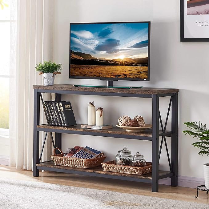 BON AUGURE Industrial Sofa Console Table for Entryway, 3 Tier Foyer Table for Hallway, Rustic Hall Tables Behind Couch (47 Inch, Rustic Brown)