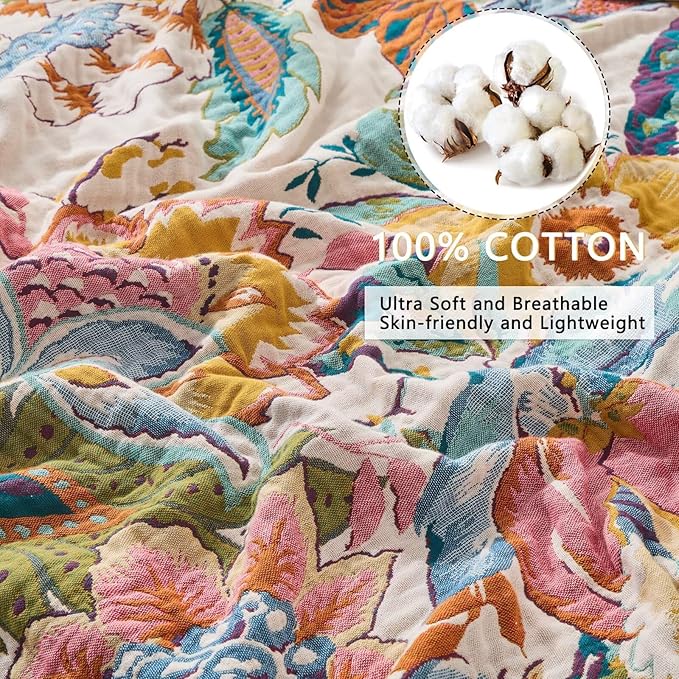 Boho Throw Blanket, Ultra Soft Rustic Quilt for Bed, Lightweight Fall Throws Blanket Muslin Blankets for Adults, Picnic, Farmhouse Decor, Cozy 100% Cotton Throw Blankets, Happiness, 60"x80"